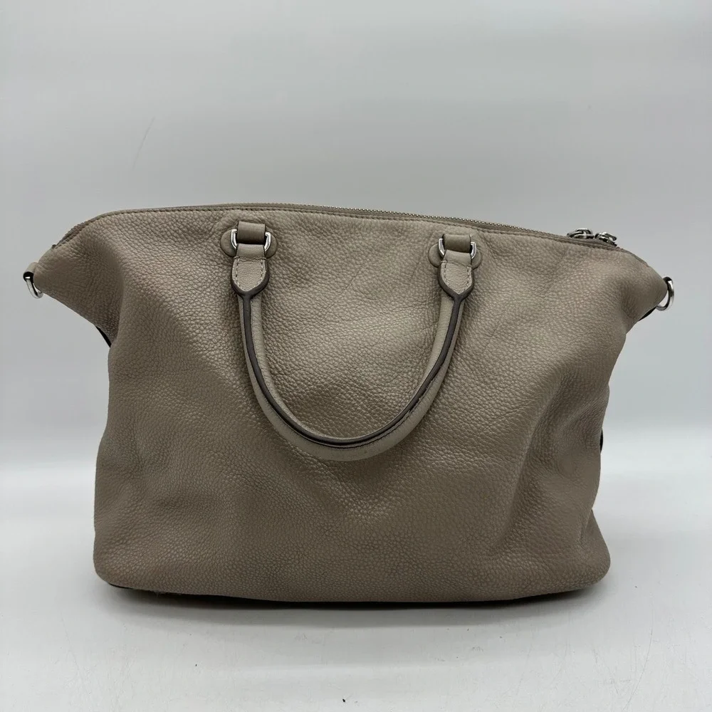 Tory Burch Thea Triple Zip Satchel Pebbled Leather Gray Taupe Tassel Handbag